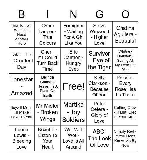 POWER BALLAD BINGO Card