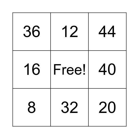 Multiplication Facts x4 Bingo Card