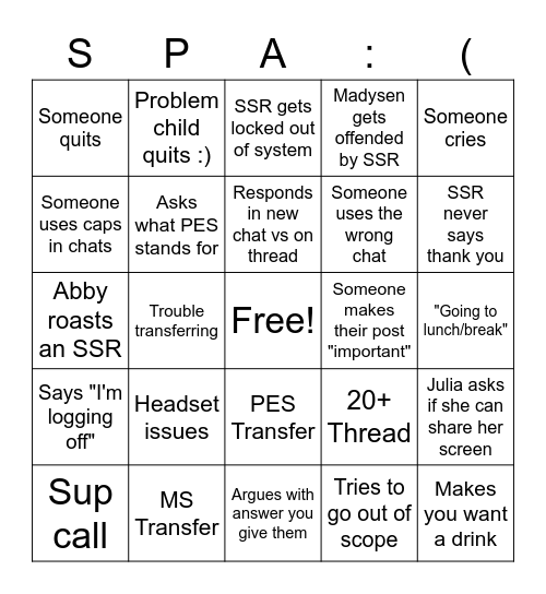SPA Week Bingo :( Bingo Card