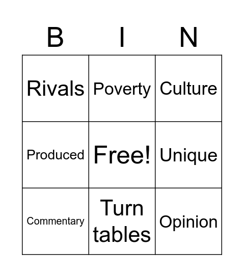 Rap Bingo Card