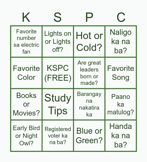 Say KSPC if you got four in a row/diagonally! Bingo Card