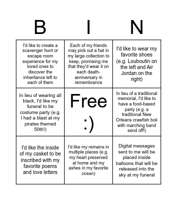 Bingo: Your EOL wishes Bingo Card