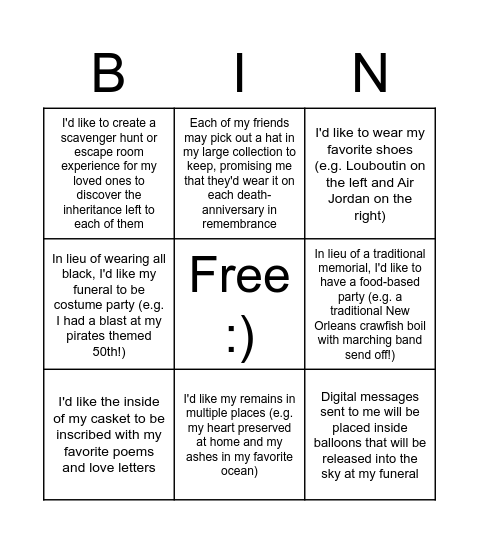 Bingo: Your EOL wishes Bingo Card