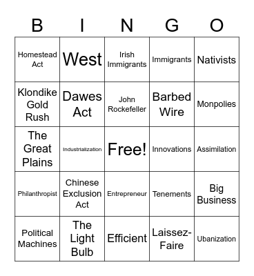 Gilded Age Bingo Card