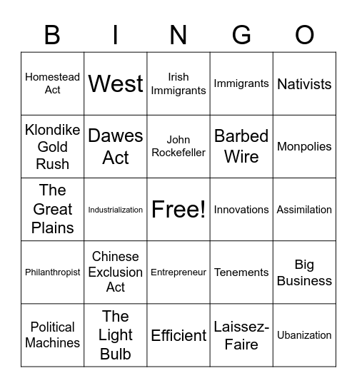 Gilded Age Bingo Card