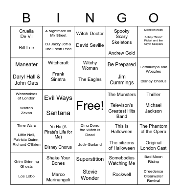 Spooky Musical Bingo Card