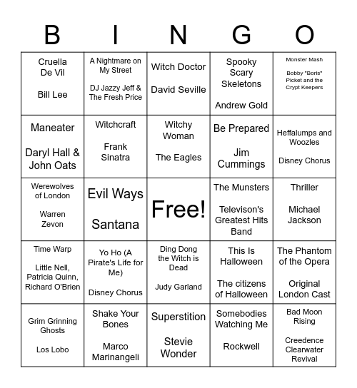 Spooky Musical Bingo Card