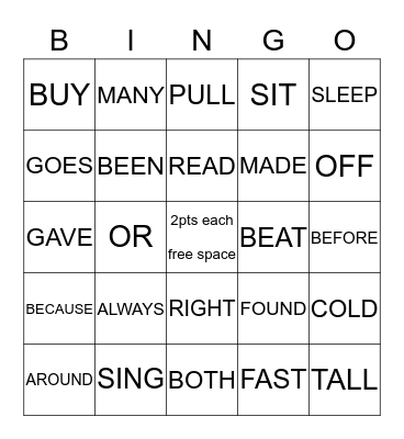 Sight  Words List                   Bingo Card