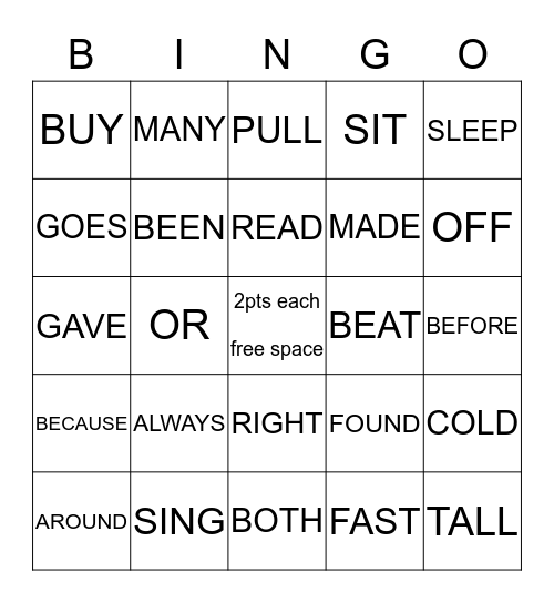 Sight  Words List                   Bingo Card