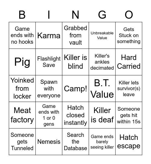 DBD Bingo Card