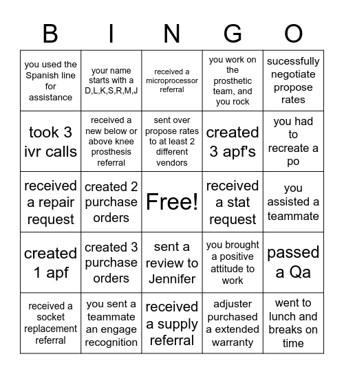 Prosthetics Bingo Card