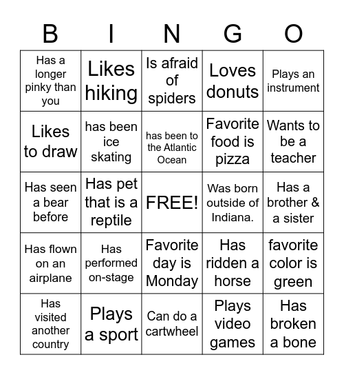 Get to Know You Bingo Card