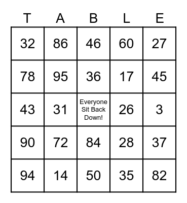 Lunch Table Bingo Card