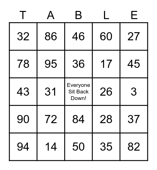 Lunch Table Bingo Card