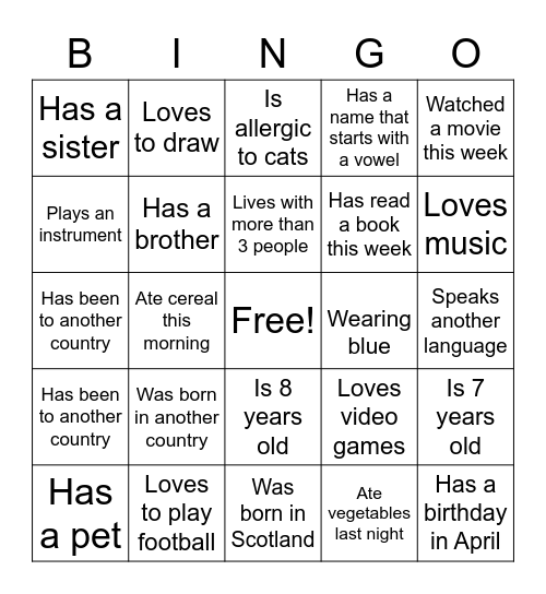 Getting to Know You Bingo Card