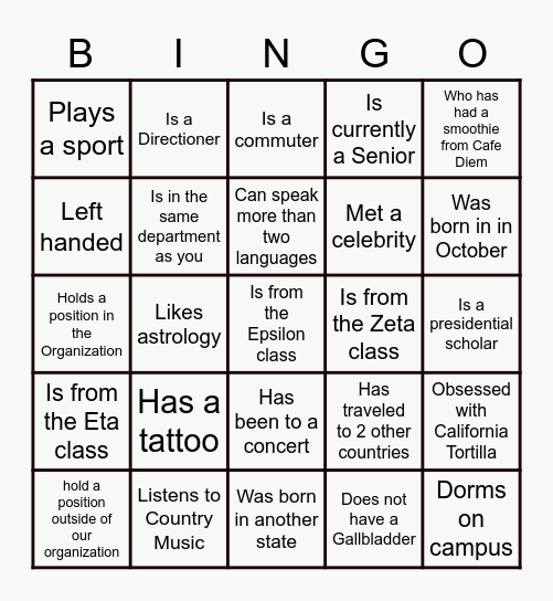 Know Your Sisters! Bingo Card