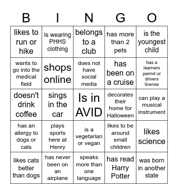 Find an AVID Student Who... Bingo Card