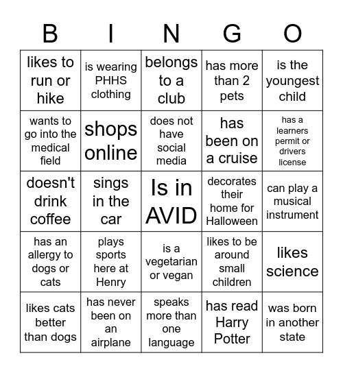 Find an AVID Student Who... Bingo Card