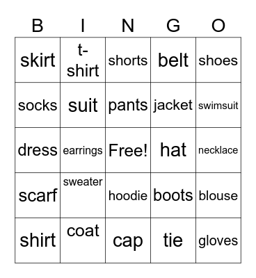 CLOTHES Bingo Card