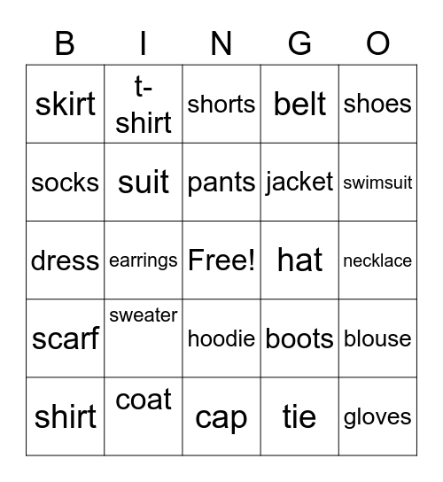 CLOTHES Bingo Card