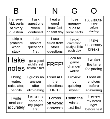 Test Taking Strategies Bingo Card