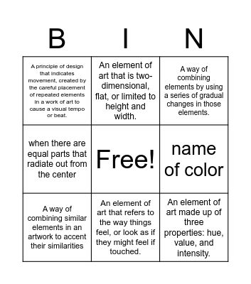 Art Vocabulary Bingo Card