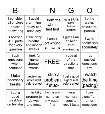 Test Taking Strategies Bingo Card