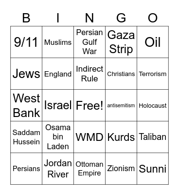 SW Asia History Bingo Card