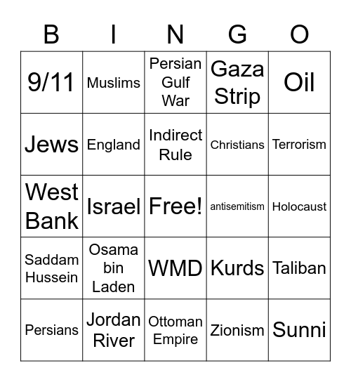 SW Asia History Bingo Card