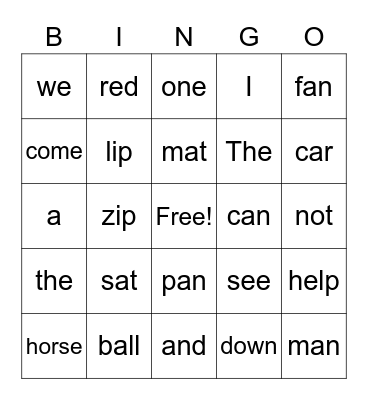 Sight Words Bingo Card