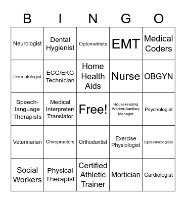 Health Careers  Bingo Card