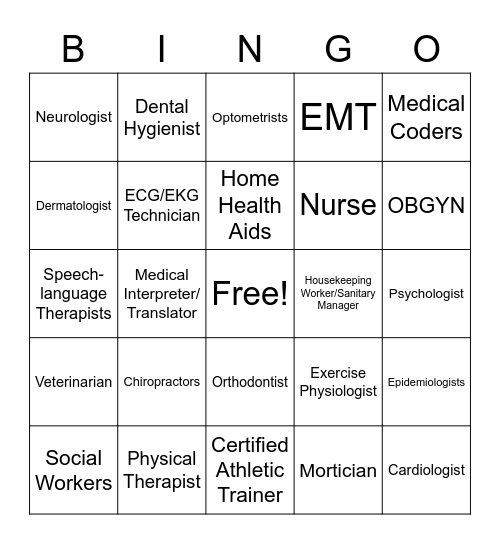 Health Careers  Bingo Card