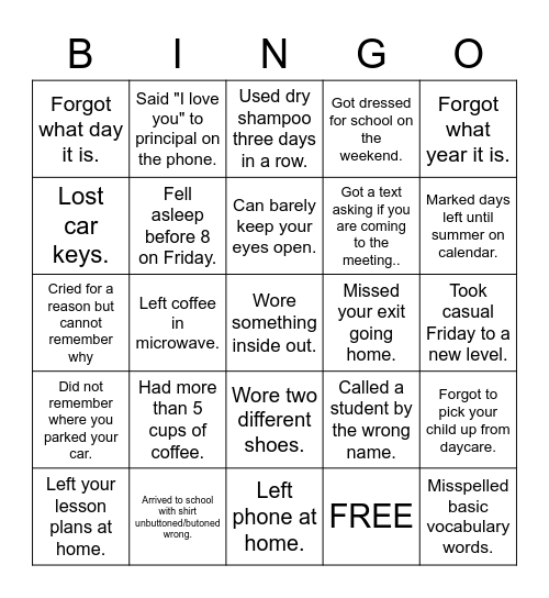 Tired Teacher Bingo Card