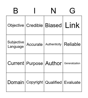 Evaluating Websites Vocabulary Bingo Card