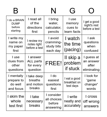 Test Taking Strategies Bingo Card