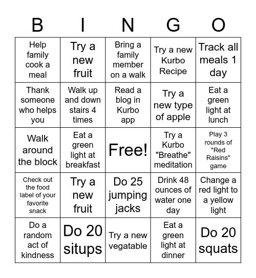 Kurbo  Bingo Card