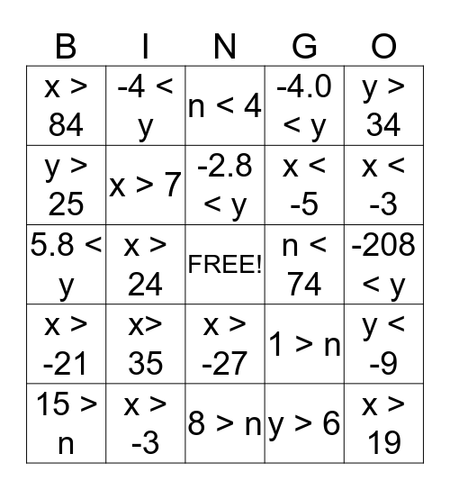 Inequality bingo add/subtract and Multiply/divide Bingo Card