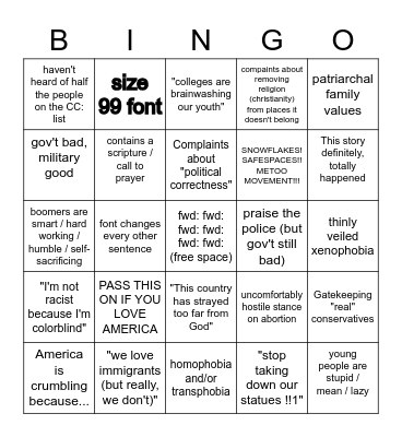 Family Chain E-mail Bingo Card