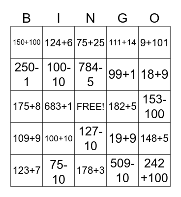 Adding and subtracting Bingo Card