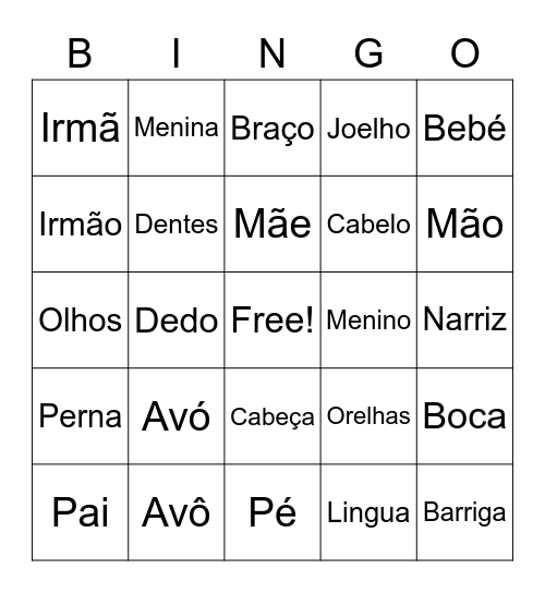 O Nosso Corpo Bingo Card