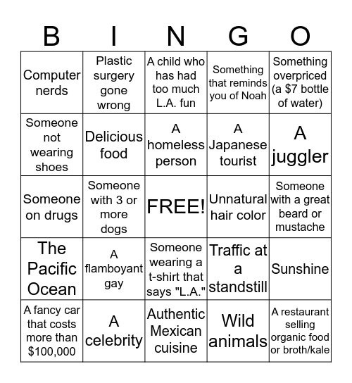 Steven's Trip to the City of Angels Bingo Card