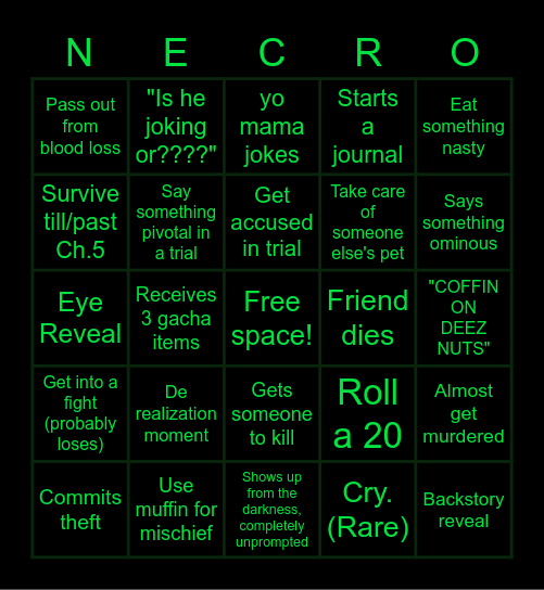 Necro's SoD bingo Card