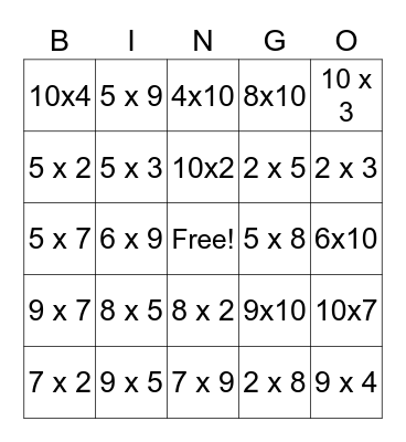 Multiplication Facts Bingo Card