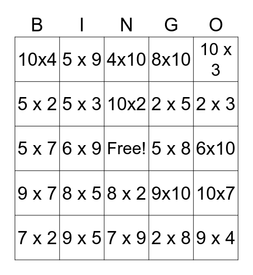 Multiplication Facts Bingo Card