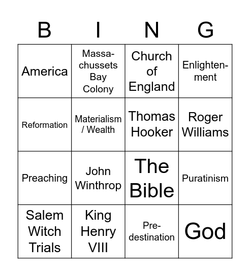 Puritanism Bingo Card