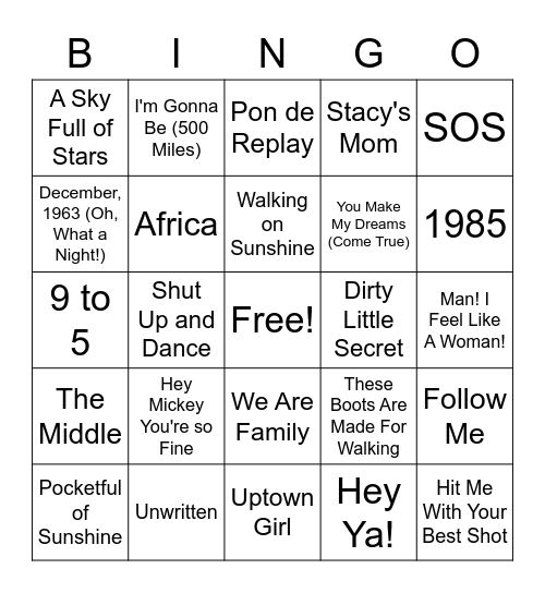 Music Bingo Round 1 Bingo Card
