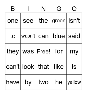 Sight words Bingo Card