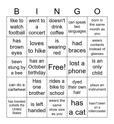 Get to know me Bingo Card