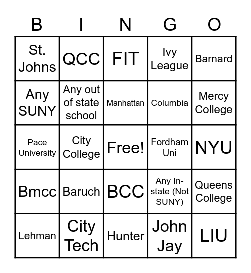 NYC Hunt Bingo Card
