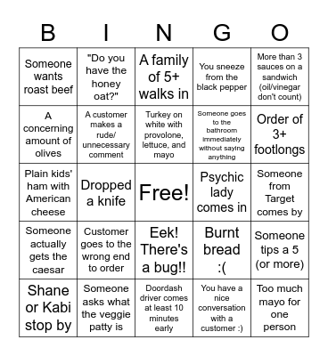 Subway Bingo Card